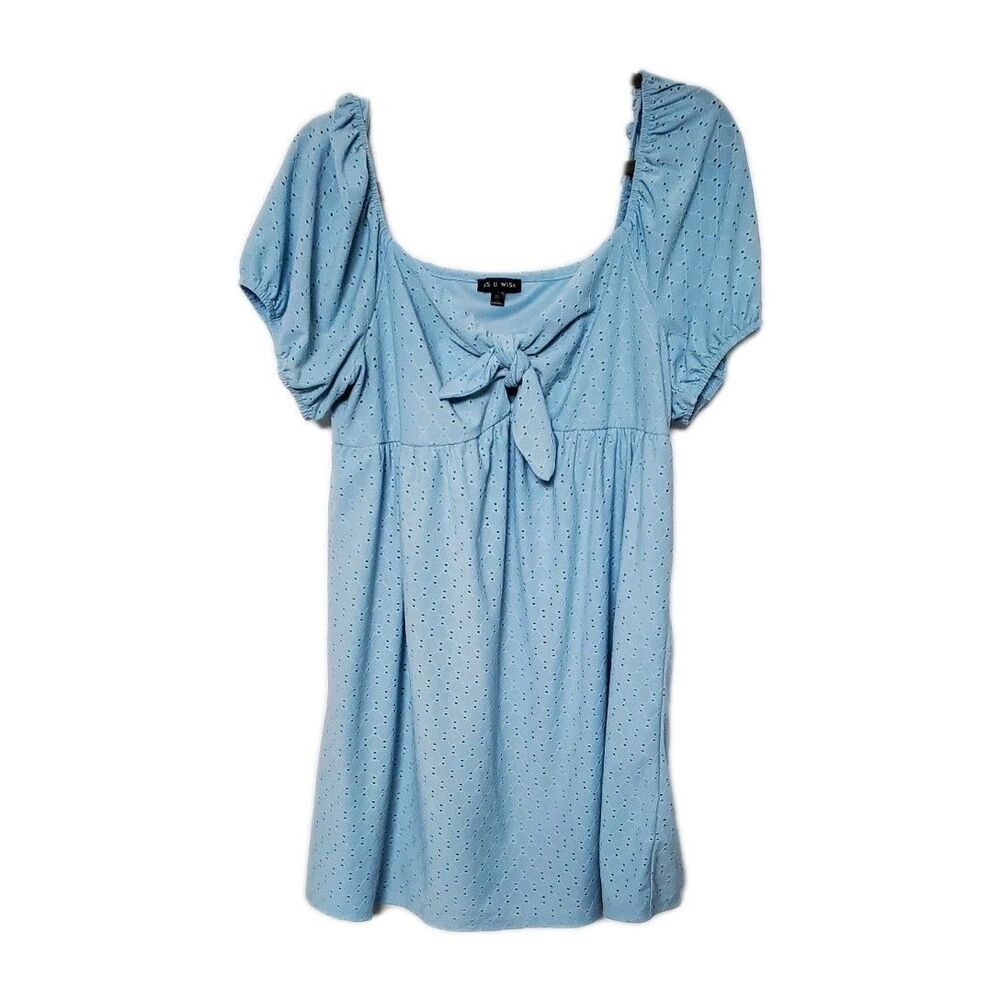 AS U WISH XL Baby Powder Blue Eyelet Mini Dress Keyhole Bow Big Sleeve Coquette
